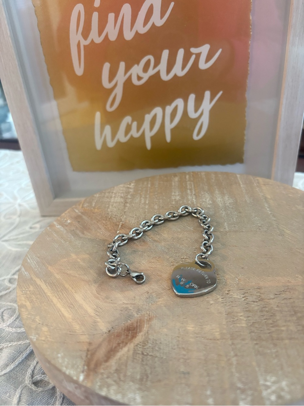 925 Heart Tag Link Bracelet Silver Tone 7” Blue Accent